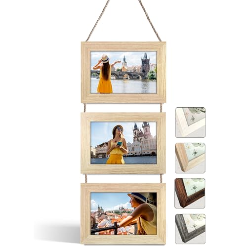 NEOWS Portafotos Múltiple Decorativo para Colgar en Pared - Marcos de Fotos Multiples de Madera Con Cuerda - Collage Portarretratos Colgante - Fotos 10x15 cm (Roble Natural, 3 Fotos Horizontal)