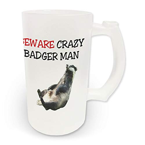 16oz Beware Crazy Badger Man Novelty Frosted Glass Beer Stein
