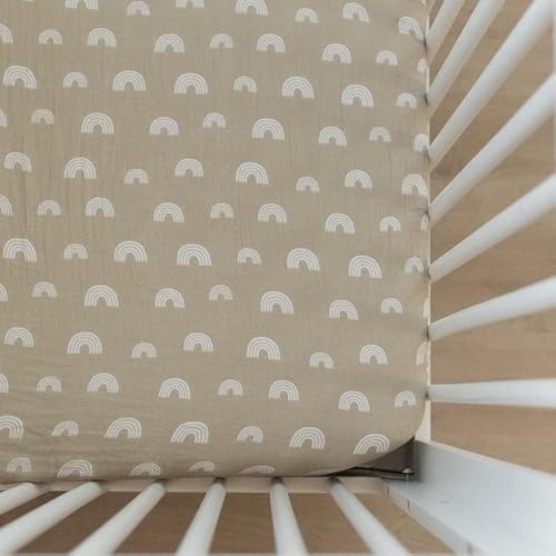 Image of Sand Rainbow Muslin Crib Sheet by Mebie Baby, Soft and Breathable Bed Sheets for Babies, Modern Neutral Bedding for Cribs, Standard Crib Mattress Fitted Sheet, Great for Boy or Girl Room or Nursery