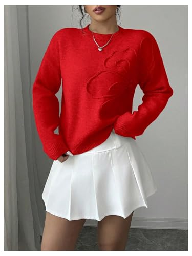 Image of RoseSeek Women's 3D Floral Appliques Crewneck Sweaters Long Sleeve Drop Shoulder Pullovers Elegant Knit Tops