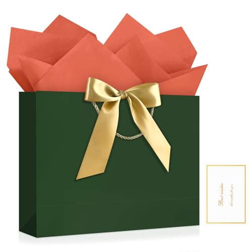 Image of JMANNI Gift Bags with Handles, 13 inch Medium Gift Bag for Presents, 1 Pcs Bags with 2 Tissue Paper and 1 Cards for Baby Shower Wedding Bridal Shower Mother's Day Birthday Party (DarkGreen)