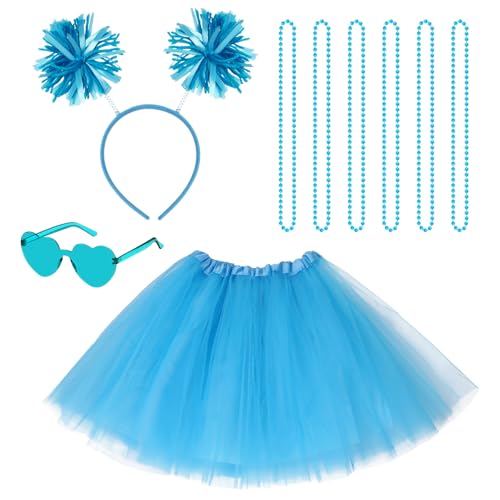 Sucrain Tutu Costume Accessories Set, Spirit Day Pom Pom Headband Necklaces Heart Sunglasses Tutu Wear for Women Party (Turquoise)