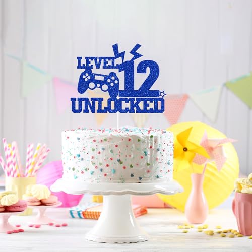 Level 12 Unlocked Cake Topper, Boys 12th Birthday Décor, Official Preteen 12, Video Game Controller Happy 12th Birthday Party Decorations, Level Up Winner Decor