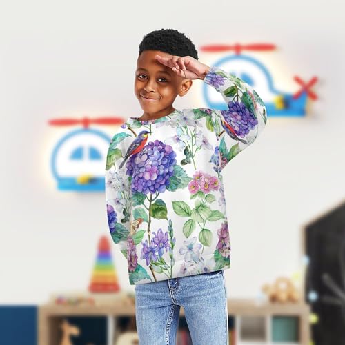 JUNZAN Watercolor Blue Flowers Birds Butterfly Big Boys Sweatshirts Hoodies Crewneck Outerwear for Kids Camping 4T4