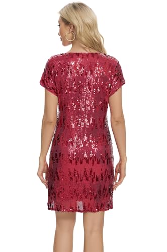 Image of Women's Crewneck Sequin Shift Dress Short Sleeve Casual Holiday Sparkly Party Dress