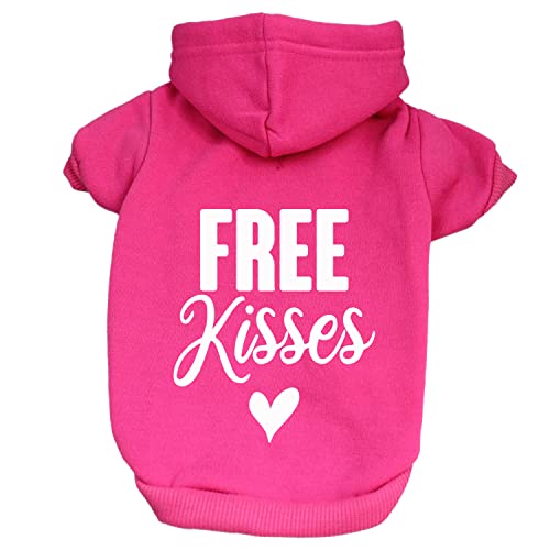 Free Kisses with Heart Valentine's Day Dog Hoodie Fleece Lined Pullover Sweatshirt with Leash Hole (Hot Pink, Medium 196)