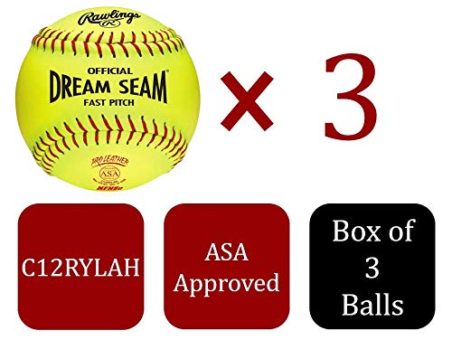 Rawlings C12RYLAH softballs oficial ASA Dream Seam Fastpitch (caixa com 3), amarelo, tamanho 30,5 cm