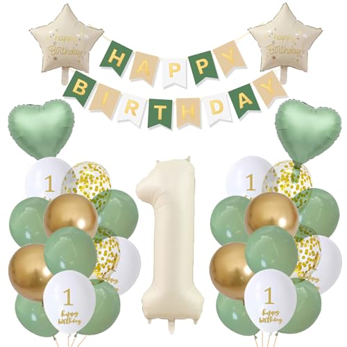 Balão de 1º aniversário para criança, cor creme e verde, primeiro aniversário infantil, decoração de aniversário de 1 ano, para meninas, meninos, feliz aniversário, 1 ano