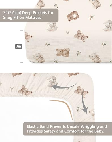 Image of Mini Crib Sheets for Baby Boy Girl 2 Pack, Neutral Mini Crib Mattress Sheet 24 inch x 38 inch, Muslin Nursery Bedding Soft and Breathable Comfort (Teddy & Friends)