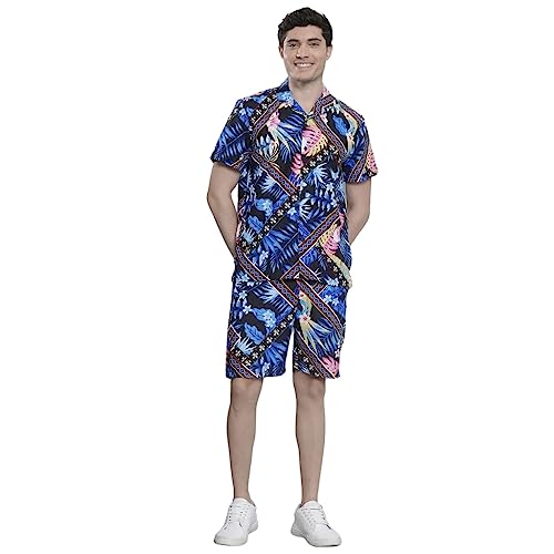 Image of The Indian Garage Co Men Regular Fit Tropical Print Resort Wear Boxers & Shirt Co-ords Set