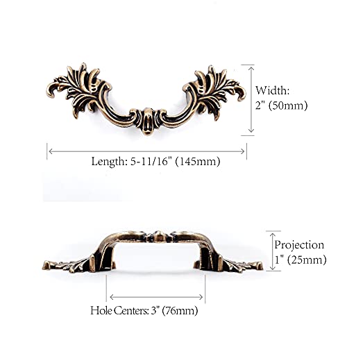 Jetland French Provincial Drawer Pulls - 6-Pack, Antique Brass, 3" Hole Centers, Vintage Shabby Chic Pulls for Dresser Nightstand Cabinet, PW1618ABR76 - Image 2