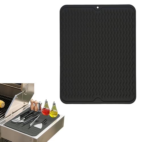 Geban Silikon-Grillmatte für Blackstone, Silikon-Seitenablage, Werkzeugmatte, Outdoor-Grillspachtelmatte, mit Abtropf-Pad, Küchenarbeitsplatte, hitzebeständige Matte, Grillzubehör (schwarz)