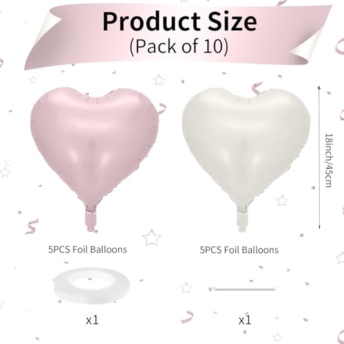 Image of Baby Pink Heart Balloons: 10PCS 18inch Pastel Pink Beige Foil Heart Balloons for Girls Birthday Baby Shower Valentines Decorations