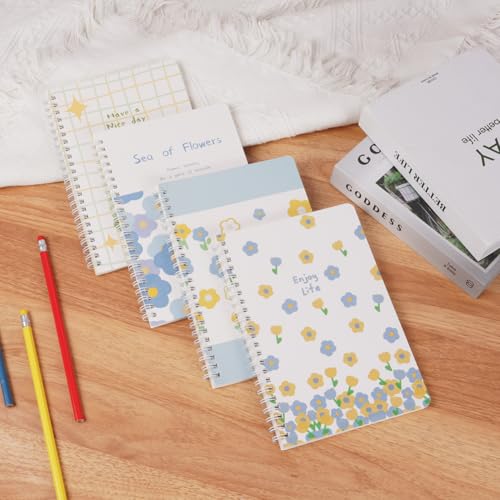 OFFCUP Notizbuch A5 Liniert, 4 Stück Spiralblock Notizheft, 60 Blatt/120 Seiten Notizblock, Notizbücher Schulheft Notebook Spirale Notizblock zum Tagebuch, College, Konferenz, Reise (Meersalzblumen)