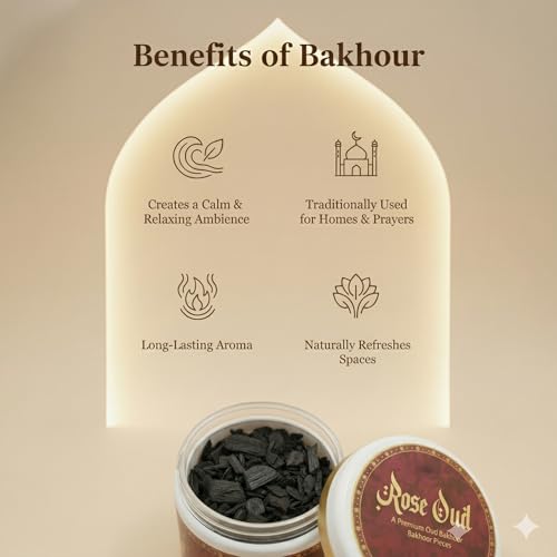 Image of Rose Oud BAKHOOR Incense | Authentic Arabic BAKHOOR Incense | 40 GMS JAR | Pack of 1 | Natural Wood Chips Rose Fragrance Woody Blend | Perfect for Pooja