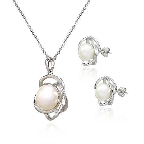 Sterling Silver Simulated White Pearl Flower Stud Earrings & Necklace Set - Image 3