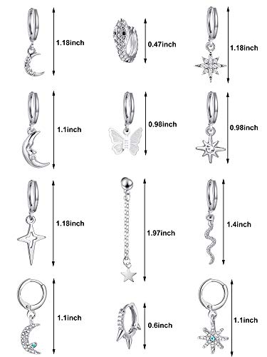 Hicarer 12 Pairs Dangle Huggie Hoop Earrings Star Moon Charms Set,Silver by Hicarer - Used condition - Image 4