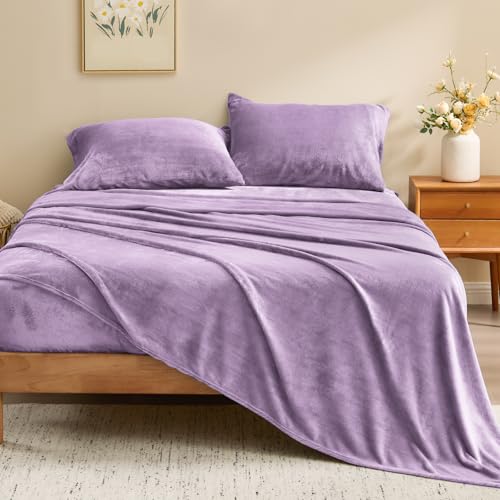 Image of BEDELITE Flannel Sheets Twin Size Lavender - Super Soft Fleece Sheets Set Fluffy Extra Plush, 3 Piece(Include Fitted Sheet, Flat Sheet, 1 Pillowcase)