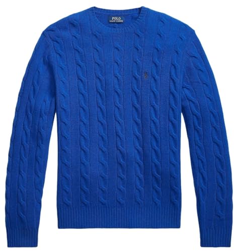 Pull torsadé Ralph Lauren homme coton col rond tricot bleu roi XL