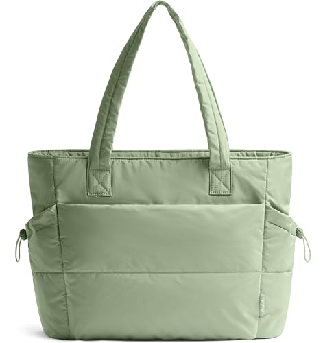 Puffy Quilted Tote Bag for Women with Zipper - Sage Green