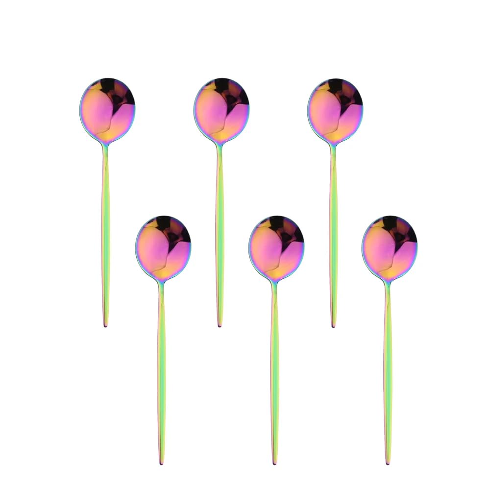 Cuchara, Cuchara, Cucharas de Postre 6 Piezas cucharadita Cuchara Multicolor for café Iris Postre Helado cucharas Cubiertos de Acero Inoxidable Cocina vajilla Accesorios Iris