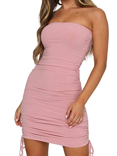 just quella Women Tube Top Dresses Strapless Bodycon Mini Dress (S, Drawstring tie Sides Pink)