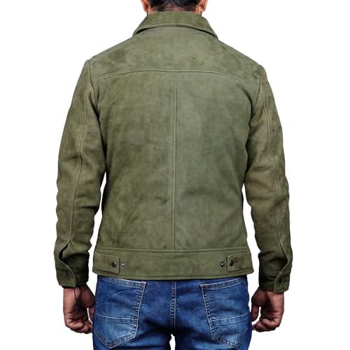Image of Mens Polo Collar Zipper Suede Shirts Long Sleeve Shacket Suede Trucker Jacket Real Suede Leather Shirt