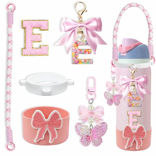 Mengayadi Bow Silicone Boot Set for Owala Water Bottle 24oz/32oz/40oz – Anti-Slip Sleeve & Handle Strap, Cute Owala Accessories, Fits Owala Tumbler, FreeSip & Candy Coated (E, 24oz Pink)