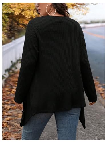 Image of RoseSeek Women's Plus Size Knit Cardigan Asymmetrical Open Front Long Sleeve Casual Knit Sweater Coat Black XX-Large Plus