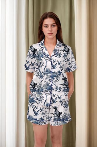 Image of SHESHOW Satin Pajamas for Women Set Preppy Animals Pjs Short Sleeve Shorts 2 Piece Loungewear Sets XS-XXL
