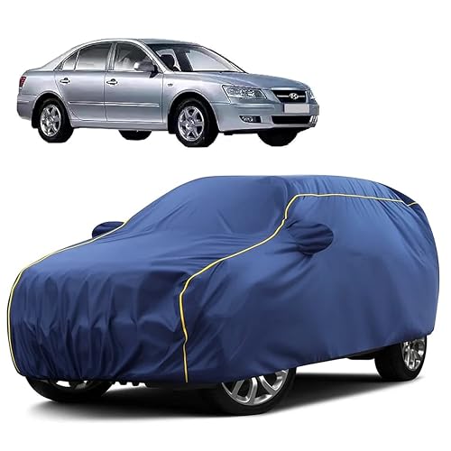 Image of Sulfar 100% Water Resistant Car Body Cover Compatible with Mirror for Hyundai Sonata Embera (Triple Stitched, Full Bottom Elastic, Blue Taffeta with Yellow Piping)