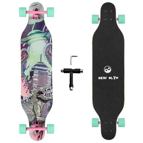 New Olym 41'' Longboard Skateboard 8 Layer Canadian Maple Drop Through Longboards for Youths Beginners, Dinosaur