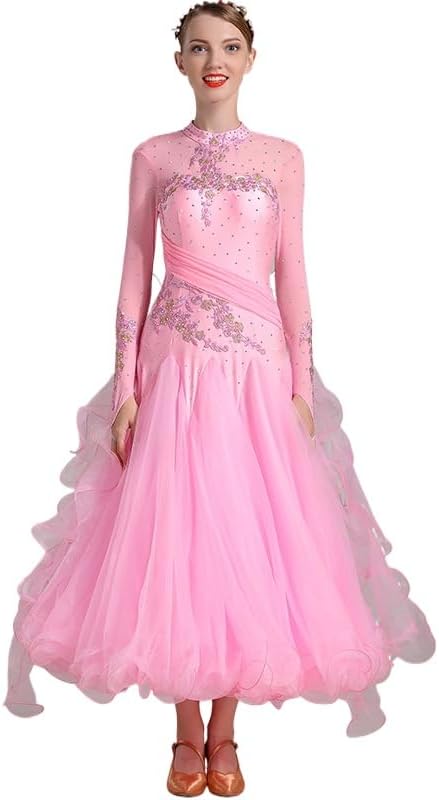 HEARTTOUCH Women Ballroom Dance Dress Modern Waltz Tango Dress Long Sleeve Flash Rhinestone Performance Competition Costume