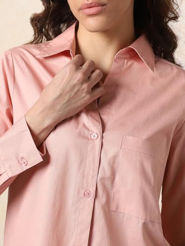 Image of HIGH Star Oversized Solid Cotton Shirt for Women | Stylish Tops for Women | Comfortable and Trendy Casual Shirt