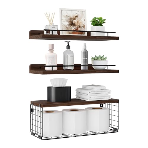 Garselay 3Pcs Repisas para Baño,Estantes Flotantes con Cesta de Alambre y Valla Metálica,Capacidad de Carga de 40LBS,No Se Oxida,Rapisas para Bormitorio, Estudio, Cocina, Baño y...