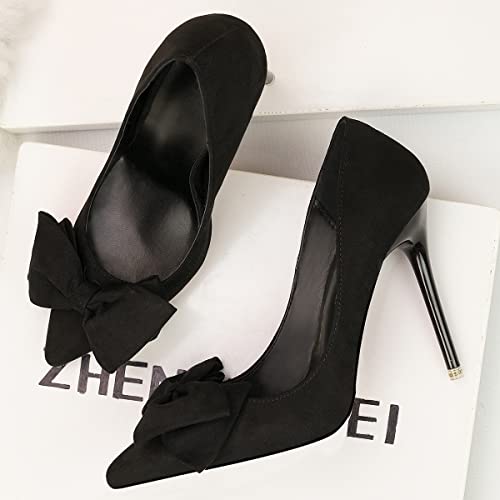 JiangWei Shu Women's Suede Bow Knot High Heel Elegant Pointed Toe Pumps Shoes Heeled Stilettos4