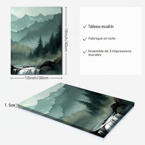 YWQQ Lot de 3 Impression sur Toile, Tableau Decoration Murale Salon Moderne, Arbre Paysage Impression Sur Toile, pour Chambre Salon Peinture Tableau pour Art Déco Murale (Cascade) – vue 2