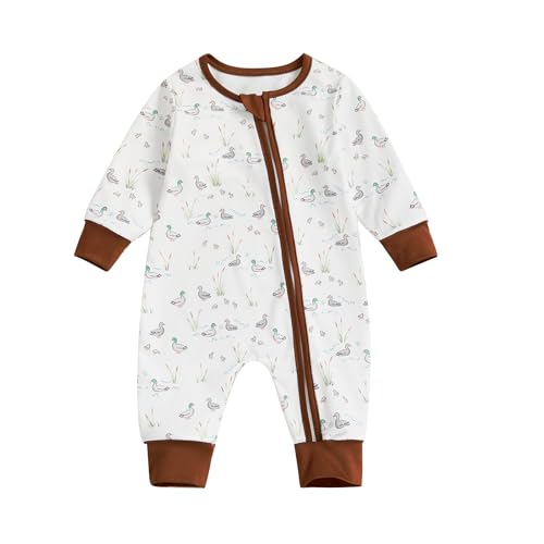 Image of Biayxms Infant Baby Boy Girl Mallard Duck Romper Jumpsuit Long Sleeve Zip Up Duck One Piece Overalls Hunting Baby Clothes