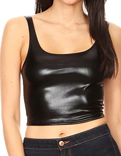 Sakkas 18-1507 - Women s Stretchy Sleeveless Liquid Metallic Club Crop Tank Top Made in USA - Black - 1X