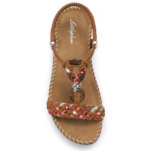 Image of Littleplum Women Sandals Arch Support Handmade Bohemian Braided Flat Sandals Comfort Walking Beach Ankle Elastic Summer Shoes