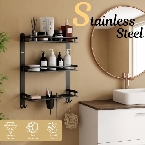 Image of GLOXY Premium Combo Pack of 3 Black Matte Finish Bathroom Shelf Rack - 4 in 1 Stainless Steel Wall Mount Bathroom Soap Rack with Toothbrush Holder - Bathroom Fittings Accessories Set
