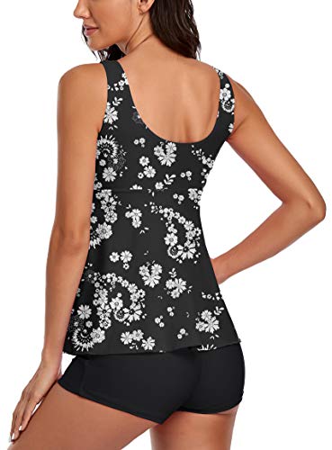 Image of Modest Tankini Swimsuits for Women Two Piece Bathing Suits Floral Print Tank Top with Boyshorts Tummy Control Swimming Suits