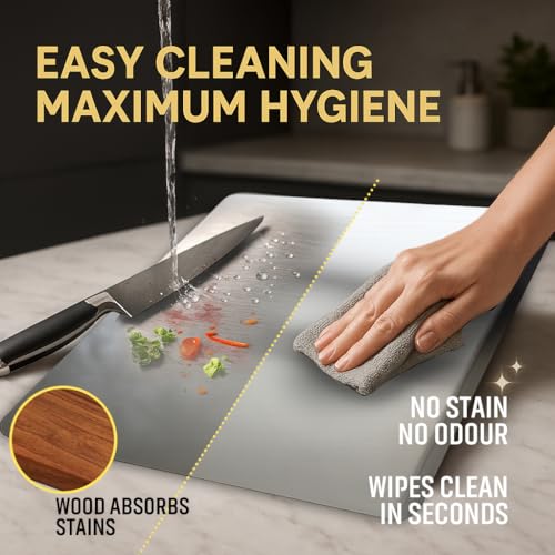 Image of Large Stainless Steel Chopping Board for Kitchen Countertop | Easy-Clean, Odor-Free Metal Cutting Board for Vegetables & Fruits | Durable Prep Board | 41 x 31 cm | Includes Stainless Steel Rolling Pin