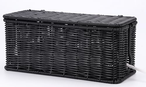 Image of ZhiYo Rattan Cable Management Box, Black Cord Organizer, 12.5 inch x 5 inch x 5.2 inch | Handwoven black imitation rattan cord hider box conceals power strips and cables for a clean desk or floor setup