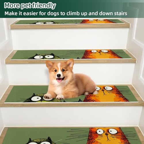 Marches d'escalier sécurisées tapis antidérapants verts motif chat - 6