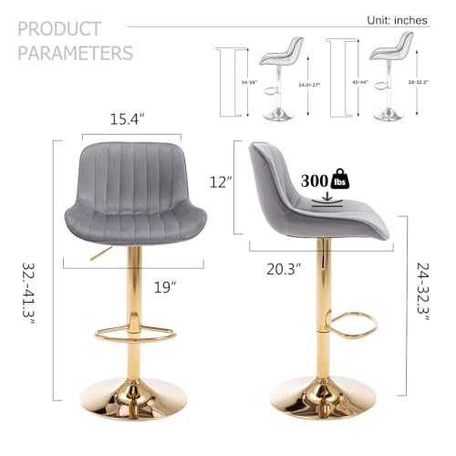 Image of ECHINGLE Velvet Bar Stools Set of 4 - Swivel Counter Height Barstools with Back & Adjustable Height, Modern Gold Kitchen Island Stools for Bar, Armless Pub Stools, Soft Grey Upholstered Seating