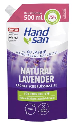 Hand san Mydło w płynie Natural Lavender w woreczku uzupełniającym | z naturalnym olejkiem lawendowym | mycie rąk i oczyszczanie twarzy | receptura bez mikroplastiku | neutralne pH i wegańskie | 500