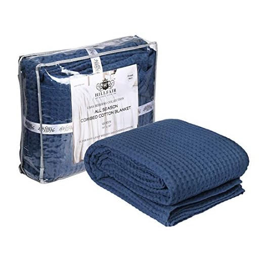 HILLFAIR 100% Combed Cotton Blanket– King Size Bed Blankets– Warm Soft All Season Breathable Lightweight Summer Blankets– Waffle Weave Home Decor Bed Blanket- Navy King Bed Cotton Blankets/Bedcovers