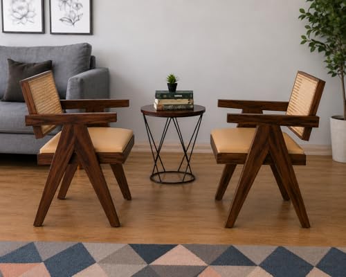 Image of Solid Wood Arm Chair with Cushion and Cane Back Support Chair Living Room Bedroom Home Wooden Armchair Furniture Garden Balcony Outdoor & Indoor (Honey Finish Set of 2)