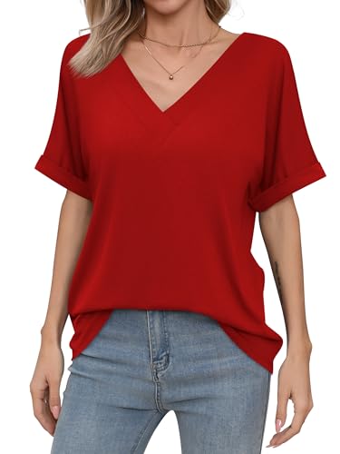 Missufe Women's 2025 Summer Tops V Neck Short Batwing Sleeve Loose Fit Casual Basic T Shirt